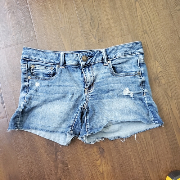 American Eagle Outfitters Pants - American Eagle Super Stretch Shorts Size 10 Cuffed Uncuffed Fray Hem Blue